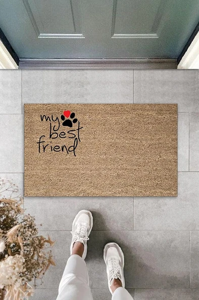 P Parla Dijital Baskı Kahverengi Patili My Best Friend Dekoratif Kapı Paspası K-2064