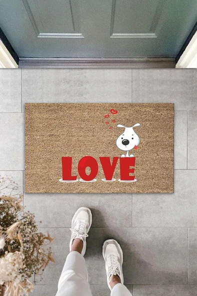 P Parla Dijital Baskı Kahverengi Kırmızı Love Yazılı Beyaz Köpek Dekoratif Kapı Paspası K-2013