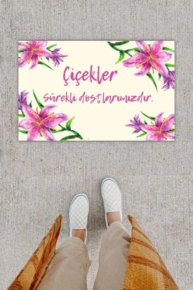 P Parla Dijital Baskı Dekoratif Zambak Pembe Kapı Önü Paspası K-1204