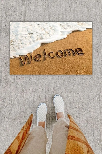 P Parla Dijital Baskı Dekoratif Welcome Beyaz Kapı Önü Paspası K-1253