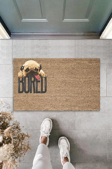 P Parla Dijital Baskı Kahverengi Bored Köpekli Dekoratif Kapı Paspası K-2080