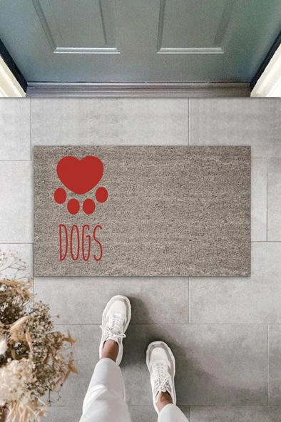 P Parla Dijital Baskı Gri Kırmızı Kalpli Dogs Dekoratif Kapı Paspası K-2073