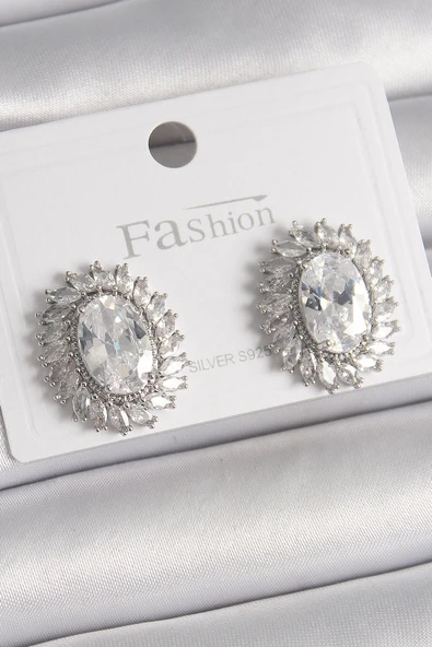 Pirinç Gümüş Renk Zirkon Taşlı Kadın Küpe ürün görseli