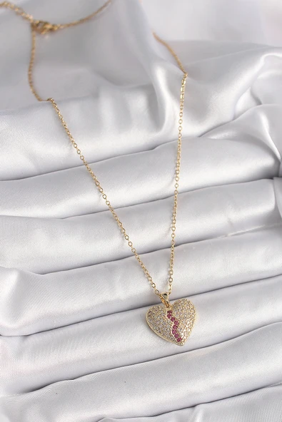 316L Çelik Gold Renk Zincir Zirkon Taşlı Kalp Model Kadın Kolye - Resim 2