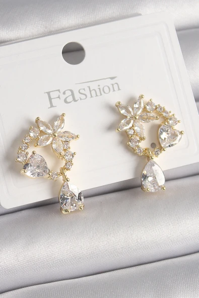 Pirinç Gold Renk Zirkon Taşlı Çiçek Model Sallantı Damla Detay Kadın Küpe ürün görseli