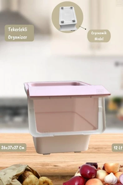 Tekli Tekerlekli Patateslik Soğanlık Oyuncak Kutusu Patates Soğan Sepeti Motek Beyaz-Pembe 12 Lt - 3