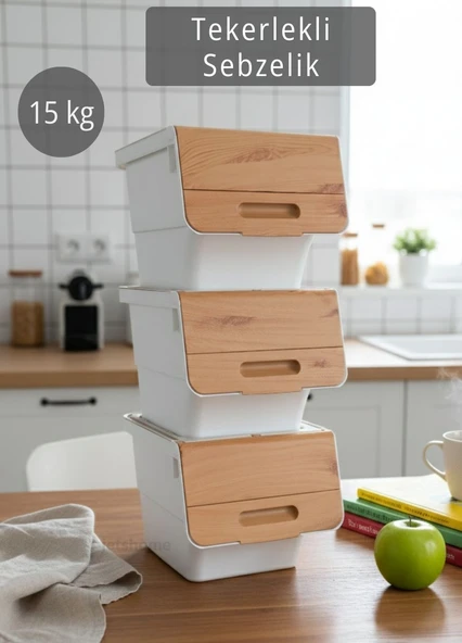 3’lü Tekerlekli Sebzelik Patates Soğan Sepeti Soğanlık Organizer Kutu Bambu Beyaz Desen 36 Lt ürün görseli 1