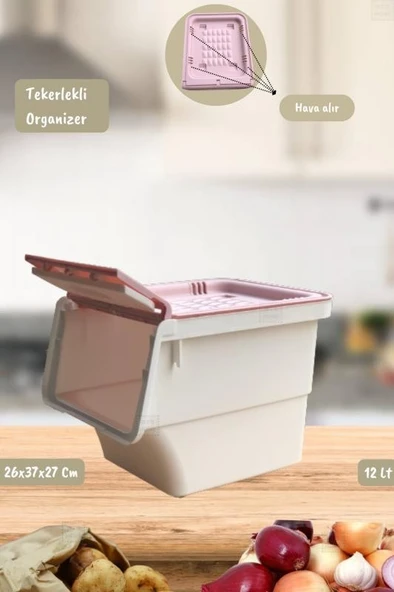 Tekli Tekerlekli Patateslik Soğanlık Oyuncak Kutusu Patates Soğan Sepeti Motek Beyaz-Pembe 12 Lt - 4