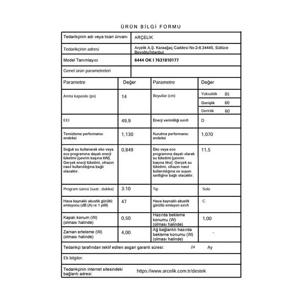 Arçelik 6444 Ok I D Enerji Sınıfı 4 Programlı Bulaşık Makinesi - 9