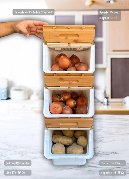3’lü Tekerlekli Sebzelik Patates Soğan Sepeti Soğanlık Organizer Kutu Bambu Beyaz Desen 36 Lt - Resim 3
