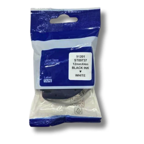 DYMO Letratag 91201 (59422) 12mmX4m Beyaz Plastik Etiket Siyah Muadil Etiket (Laminasyon Şerit)