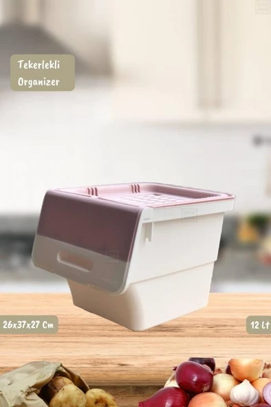 Tekli Tekerlekli Patateslik Soğanlık Oyuncak Kutusu Patates Soğan Sepeti Motek Beyaz-Pembe 12 Lt - 2