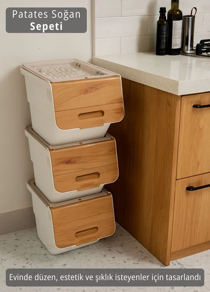 3’lü Tekerlekli Sebzelik Patates Soğan Sepeti Soğanlık Organizer Kutu Bambu Beyaz Desen 36 Lt - Resim 2