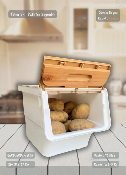 Tekli Bambu-Beyaz Tekerlekli Patateslik Soğanlık Oyuncak Kutusu Patates Soğan Sepeti Sebzelik 12 Lt - 2