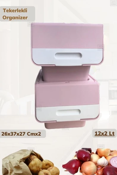 2’li Tekerlekli Patateslik Soğanlık Oyuncak Kutusu Patates Soğan Sepeti Motek Pembe 24 Lt - 4