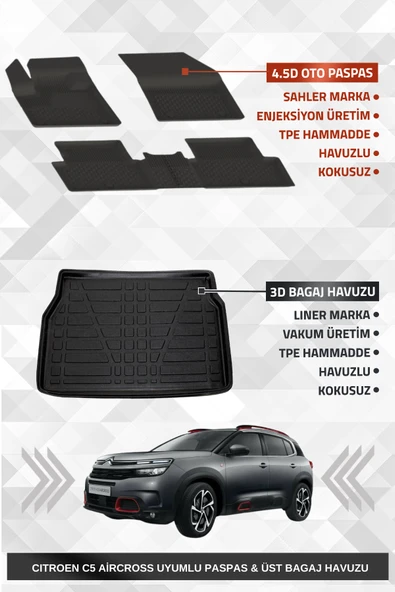 Sahler C5 Aircross 2019+ Uyumlu 4.5D Premium Havuzlu Oto Paspas Ve Liner Marka 3D ÜST Bagaj Havuzu ürün görseli