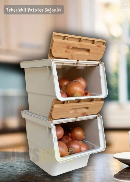 4’lü Bambu Renk Tekerlekli Patateslik Soğanlık Oyuncak Kutusu Patates Soğan Sepeti Motek 48 Lt - 3