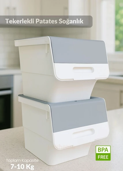 2’li Gri Tekerlekli Sebzelik Patates Soğan Sepeti Modern Organizer Patateslik Basic Soğanlık 24 L ürün görseli