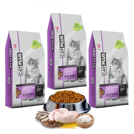 CatPlus Düşük Tahıllı Hipoalerjenik Tavuklu Hamsili Kısırlaştırılmış Kedi Maması 1,5 Kg x 3 Adet
