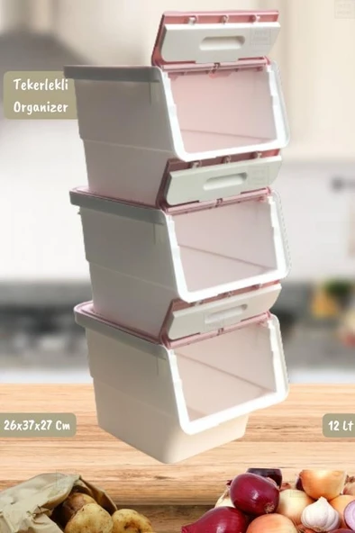 3’lü Tekerlekli Patateslik Soğanlık Oyuncak Kutusu Patates Soğan Sepeti Motek Beyaz-Pembe 36 Lt - 3