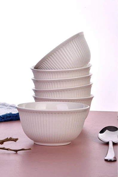 6 Adet Çizgili Kase Seti - Beyaz - Kahvaltılık/Çerezlik/Sunumluk - Çorba Kasesi - 3