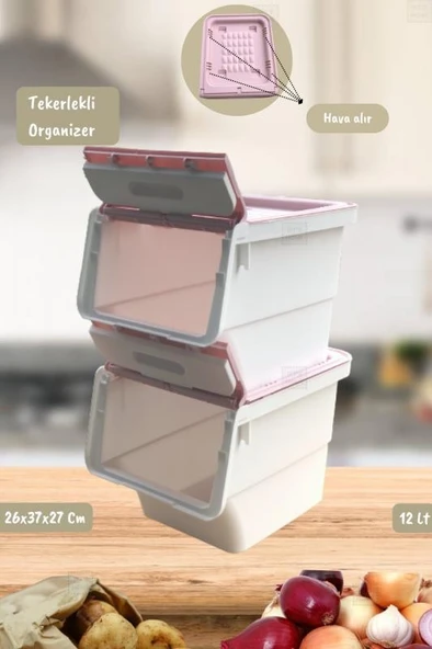 2’li Tekerlekli Patateslik Soğanlık Oyuncak Kutusu Patates Soğan Sepeti Motek Beyaz-Pembe 24 Lt - 3