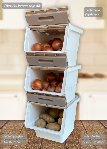 3’lü Tekerlekli Patateslik Soğanlık Oyuncak Kutusu Patates Soğan Sepeti Motek Beyaz-Krem 36 Lt - 3