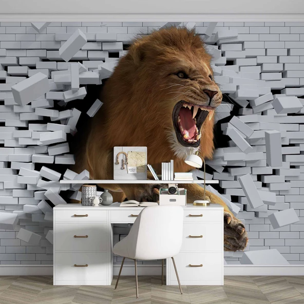 3 Boyutlu Aslan Temalı Duvar Kağıdı - Resim 3