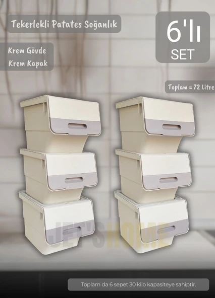 6'lı Krem Renk Tekerlekli Patateslik Soğanlık Oyuncak Kutusu Patates Soğan Sepeti Toplam 72 Lt