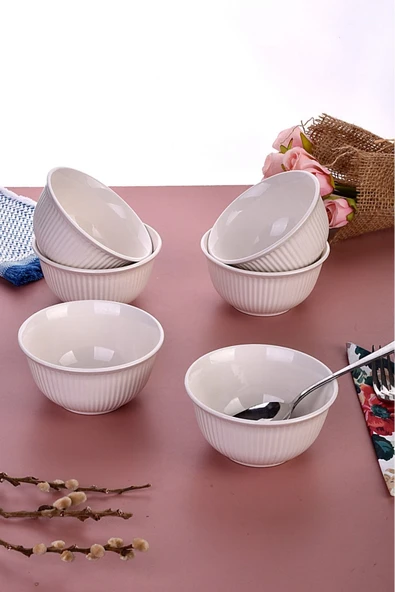 6 Adet Çizgili Kase Seti - Beyaz - Kahvaltılık/Çerezlik/Sunumluk - Çorba Kasesi - 2