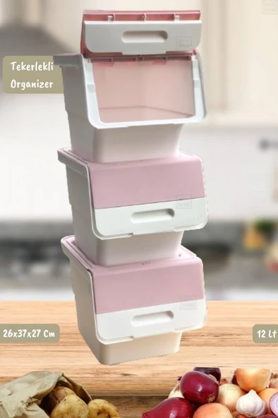 3’lü Tekerlekli Patateslik Soğanlık Oyuncak Kutusu Patates Soğan Sepeti Motek Beyaz-Pembe 36 Lt - 2