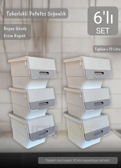 6'lı Krem-Beyaz Tekerlekli Patateslik Soğanlık Oyuncak Kutusu Patates Soğan Sepeti Toplam 72 Lt