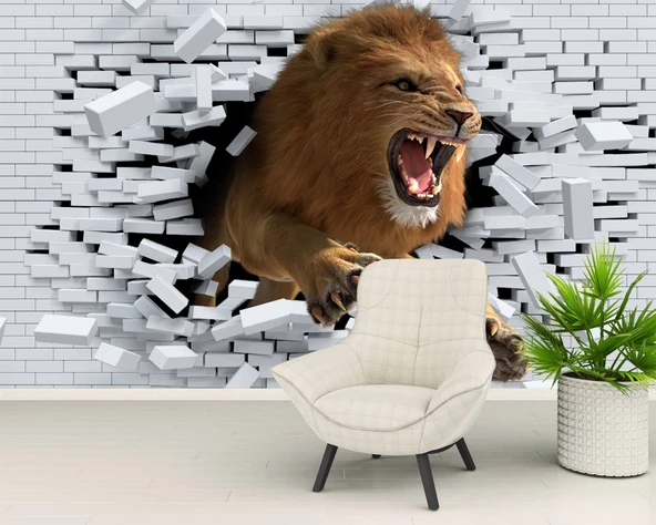 3 Boyutlu Aslan Temalı Duvar Kağıdı - Resim 6