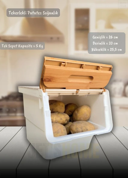4’lü Bambu Renk Tekerlekli Patateslik Soğanlık Oyuncak Kutusu Patates Soğan Sepeti Toplam 48 Lt - 2