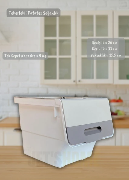 6'lı Krem-Beyaz Tekerlekli Patateslik Soğanlık Oyuncak Kutusu Patates Soğan Sepeti Toplam 72 Lt - 3