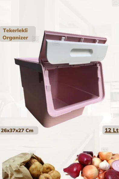 Tekli Tekerlekli Patateslik Soğanlık Oyuncak Kutusu Patates Soğan Sepeti Motek Pembe 12 Lt - 4