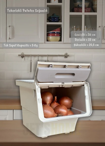 6'lı Krem Renk Tekerlekli Patateslik Soğanlık Oyuncak Kutusu Patates Soğan Sepeti Toplam 72 Lt - 2