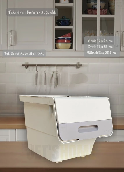 6'lı Krem Renk Tekerlekli Patateslik Soğanlık Oyuncak Kutusu Patates Soğan Sepeti Toplam 72 Lt - 3