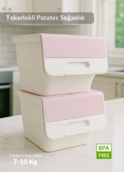 2’li Tekerlekli Patateslik Soğanlık Oyuncak Kutusu Patates Soğan Sepeti Motek Beyaz-Pembe 24 Lt ürün görseli