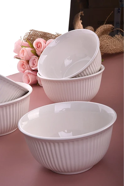 6 Adet Çizgili Kase Seti - Beyaz - Kahvaltılık/Çerezlik/Sunumluk - Çorba Kasesi - 5