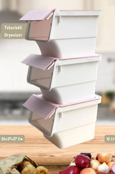 3’lü Tekerlekli Patateslik Soğanlık Oyuncak Kutusu Patates Soğan Sepeti Motek Beyaz-Pembe 36 Lt - 4