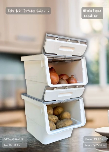 2’li Gri Tekerlekli Sebzelik Patates Soğan Sepeti Modern Organizer Patateslik Basic Soğanlık 24 L - Resim 3