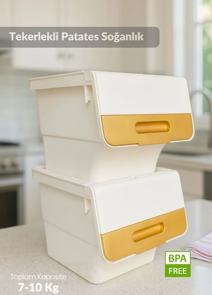 2’li Beyaz-Gold Tekerlekli Patateslik Soğanlık Oyuncak Kutusu Patates Soğan Sepeti 24 Lt ürün görseli