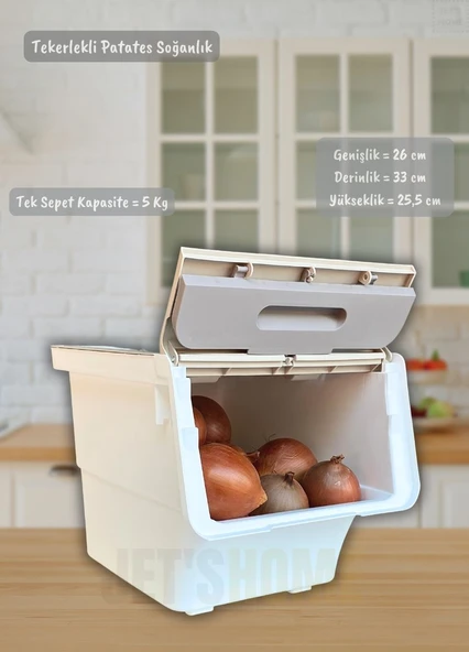 6'lı Krem-Beyaz Tekerlekli Patateslik Soğanlık Oyuncak Kutusu Patates Soğan Sepeti Toplam 72 Lt - 2
