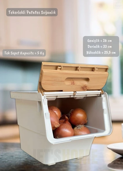 6’lı Bambu Renk Tekerlekli Patateslik Soğanlık Oyuncak Kutusu Patates Soğan Sepeti Toplam 72 Lt - 2