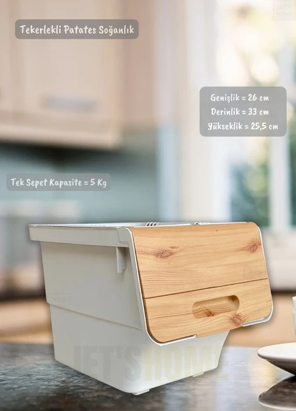 6’lı Bambu Renk Tekerlekli Patateslik Soğanlık Oyuncak Kutusu Patates Soğan Sepeti Toplam 72 Lt - 3