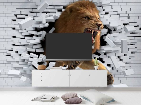 3 Boyutlu Aslan Temalı Duvar Kağıdı - Resim 5