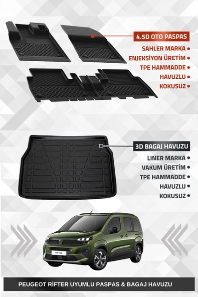 Sahler Peugeot Rifter 2019+ Uyumlu 4.5D Premium Havuzlu Oto Paspas Ve Liner Marka 3D Bagaj Havuzu