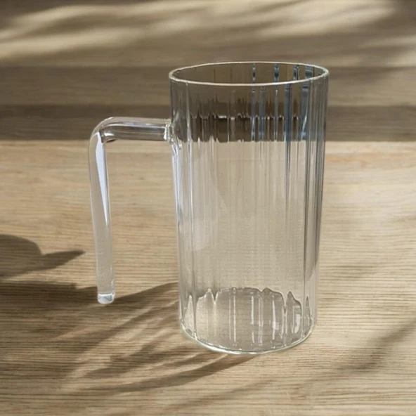 Kulplu Çizgli Desenli Cam Bardak - Kahve Meşrubat Bardağı 350 Ml