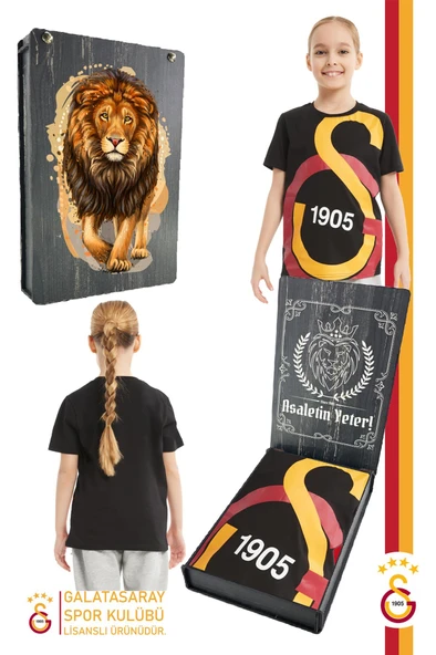 Galatasaray Orijinal Lisanslı Büyük Logo Çocuk T-shirt Gs Aslan Baskılı Hediyelik Ahşap Kutulu